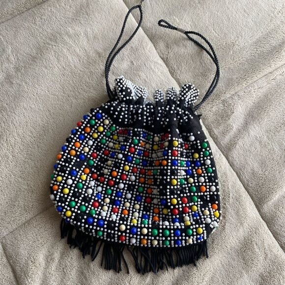 Vintage Handbags - Vintage Colorful Beaded Black Drawstring Bag - 1970s Bingo Bag
